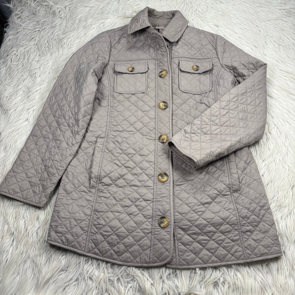 Chico's Women's S (0) Taupe Quilted Long Line Button Front Jacket Classic Preppy